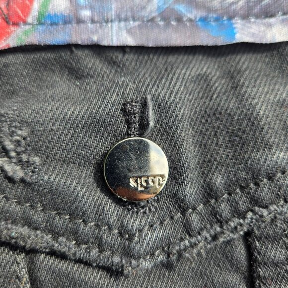 KLEEP Black Distressed Graphic Denim Statement Jacket Mens size S - Picture 9 of 9